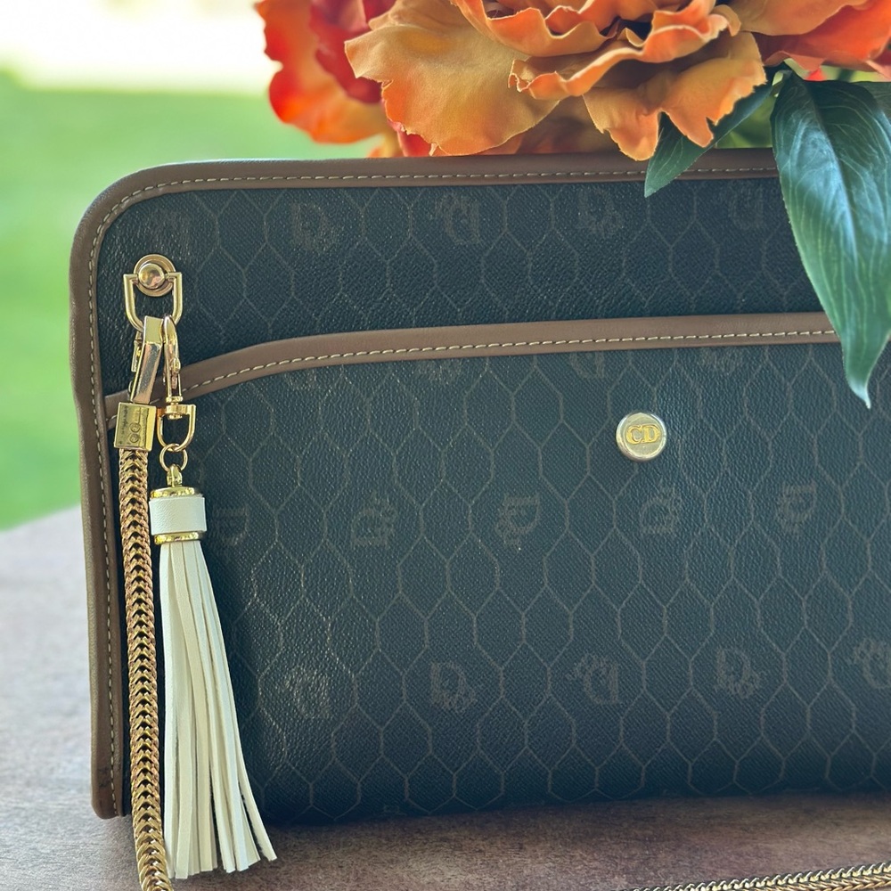 Christian Dior Honeycomb Logo Clutch Bag Purse Tote Brown Leather - Picture 2 of 10